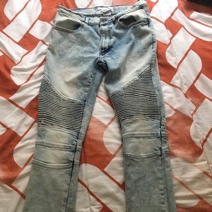Light Marbled Wash Zippered Skinny Moto Jeans